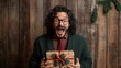 © Larisa AI - A joyous individual with curly hair and glasses celebrates receiving a festive gift, expressing excitement and happiness. The setting conveys a warm holiday spirit.