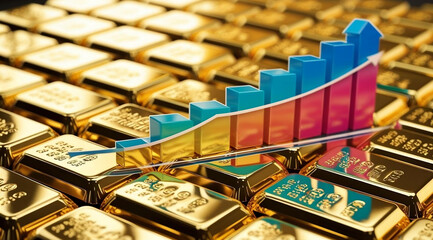 Wall Mural - A visual representation of gold bars and a rising graph, symbolizing wealth growth, investment trends, and economic prosperity.