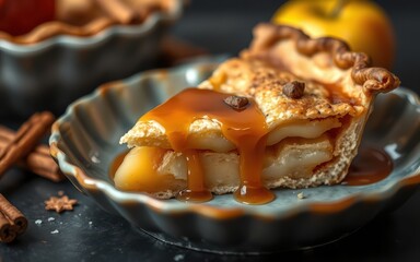 A slice of apple pie with caramel sauce sits on a blue plate