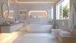 © AtomMaya - Modern and Elegant Bathroom Design Featuring a Freestanding Bathtub, Unique Lighting, and Stylish Fixtures in a Bright and Airy Atmosphere