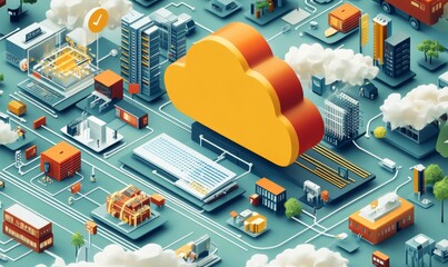 Wall Mural - isometric illustration depicting modern cloud technology and networking concept, representing web cl