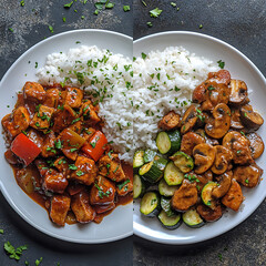 Delicious side by side comparison of two flavorful dishes featuring chicken and vegetables served with rice. vibrant colors and textures create appetizing presentation