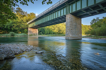 Poster - Tranquil river flowing beneath a green railway bridge during sunset