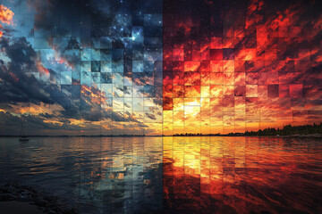 Wall Mural - Vibrant sunset reflections over calm water