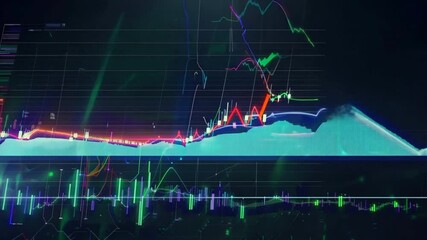 Wall Mural - Dynamic financial analysis with colorful charts and indicators showcasing market trends, data fluctuations, and trading insights for technology driven decisions.