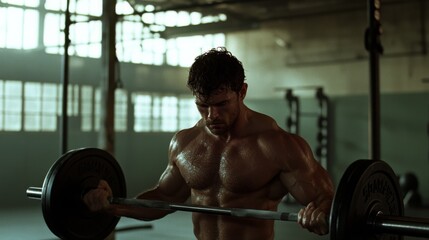 Wall Mural - A determined weightlifter trains under industrial lights, muscles glistening, emphasizing strength and focus in the intense atmosphere of a gym.