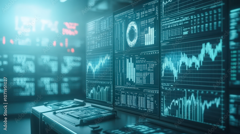 Multiple screens display financial data, charts, and graphs in a modern ...
