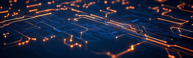 Poster - A close-up view of a circuit board with glowing pathways, illustrating intricate electronic connections and advanced technology.