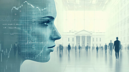 Sticker - a digital collage featuring a woman's profile overlaid with data graphs, set against a blurred urban