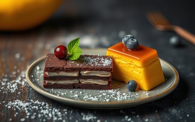 Wall Mural - A chocolate cake and a yellow custard dessert topped with blueberries are served on a plate on a dark wooden table