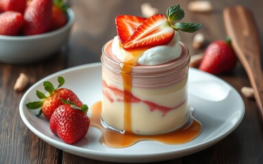 Wall Mural - A strawberry dessert topped with whipped cream and a drizzle of caramel sits on a white plate with fresh strawberries