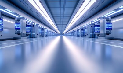 Poster - A modern, sleek interior corridor with bright blue lighting and a polished floor, creating an expansive, futuristic atmosphere.