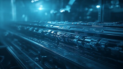 Poster - A futuristic, abstract representation of interconnected technology, featuring glowing blue structures and intricate designs in a digital environment.