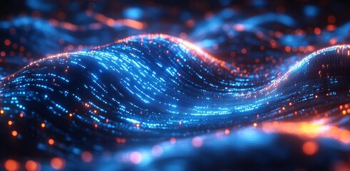 Circuit diagram and waveform wireframe shown in a blue digital environment. Concept for future digital technologies.
