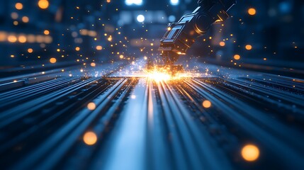 Leinwandbilder - A close-up of a robotic arm welding, creating bright sparks on metal surfaces, showcasing industrial automation and precision craftsmanship.