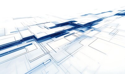 Fototapete - A modern abstract design featuring layers of blue lines and shapes, creating a sense of depth and movement in a digital landscape.