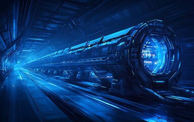 Poster - A futuristic tunnel with a glowing blue portal, showcasing advanced technology and a sci-fi atmosphere.