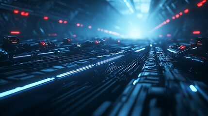 Poster - A futuristic, illuminated pathway with intricate technology features, conveying a sense of depth and journey toward a bright light source.