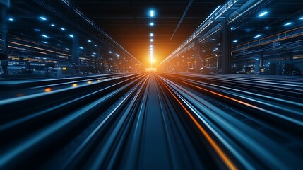 Leinwandbilder - A vibrant, futuristic railway scene with illuminated tracks leading toward a glowing sunset, creating a sense of speed and perspective.