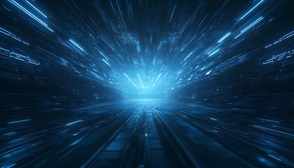 Fototapete - A futuristic tunnel of light with a vibrant blue hue, suggesting speed and depth, creating a sense of movement toward a bright focal point.