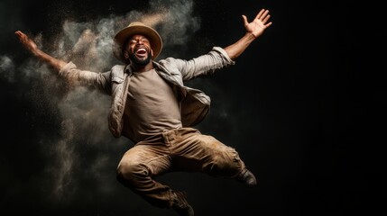 An exuberant, energetic man jumps joyfully in dusty air, wearing casual attire and a hat, embodying freedom and happiness against a solid black backdrop.