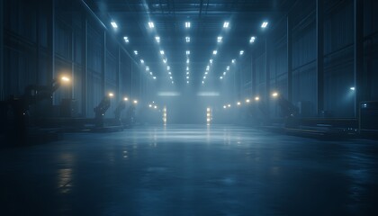 Fototapete - A dimly lit industrial space with multiple bright lights illuminating the floor, creating a dramatic atmosphere.