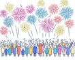 © ธิดาพร สูญราช - A colorful celebration with joyous people and vibrant fireworks in the background.