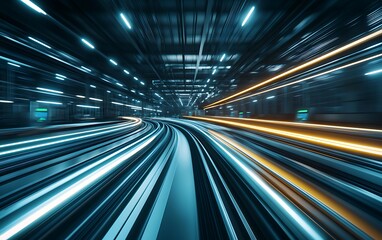 Poster - A dynamic scene of illuminated tracks curving through a modern space, showcasing light streaks that suggest speed and movement.