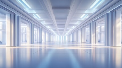 Poster - A spacious, modern hallway with sleek lighting, marble-like floors, and tall columns, creating a bright and inviting atmosphere.