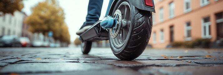 Close up of e scooter wheel on suburban street, showcasing tire and pavement details. scene captures modern urban lifestyle with hint of adventure