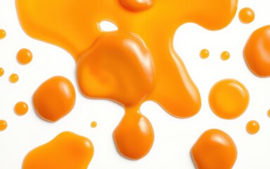 Wall Mural - A large orange puddle and several droplets sit on a white surface