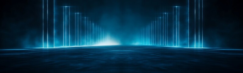 Poster - A serene, futuristic landscape showcasing luminous blue lights emerging from a dark, misty horizon, evoking a sense of depth and mystery.