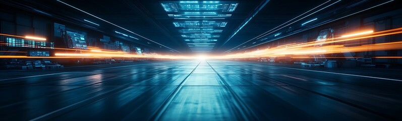 Poster - A futuristic scene depicting glowing lines and a dynamic light trail, conveying a sense of speed and technology in a darkened environment.