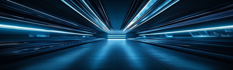 Poster - A futuristic, high-tech corridor illuminated by vibrant blue lights, creating a sense of motion and depth.