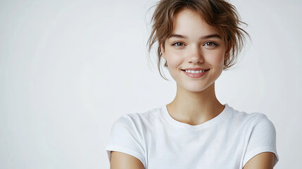 Sticker - A short haired female student wearing a white T-shirt with a white background