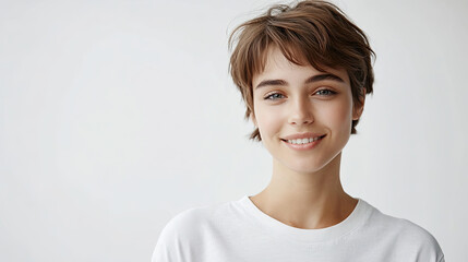 Sticker - A short haired female student wearing a white T-shirt with a white background