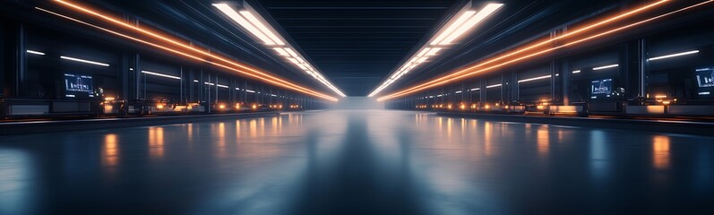 Poster - A modern, illuminated warehouse showcasing sleek lines and reflections on a polished floor, creating an industrial yet futuristic atmosphere.