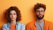 © Larisa AI - A young man and woman stand against an orange background, both exude modern style and confidence with casual attire, representing contemporary fashion trends.
