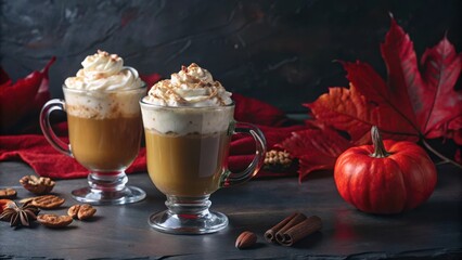 Poster - Two pumpkin spice lattes with whipped cream and cinnamon, garnished with nuts and autumn leaves.