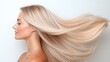 © Larisa AI - A side profile of a woman with long, flowing blonde hair against a light background, highlighting her natural beauty and glowing complexion in serene elegance.