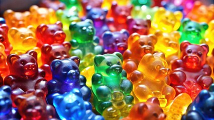 Poster - A close-up image of a vibrant assortment of colorful gummy bears, each shimmering with translucent hues and showcasing a delightful array of candy shapes.