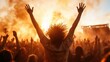 © Larisa AI - This vibrant image captures a festival celebration, showcasing an ecstatic crowd in a lively atmosphere with hands raised, backlit by a glowing orange sky.