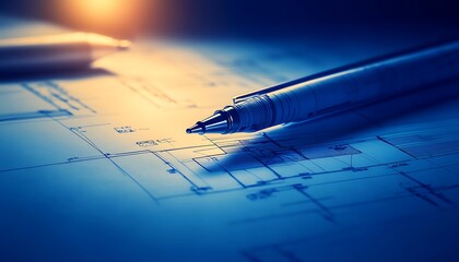 Fototapete - A close-up of pens resting on architectural blueprints, showcasing precision and creativity in design work.