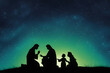 © Shabana - Mary joseph and baby jesus in silhouette with a vibrant turquoise and emerald green twilight sky, Ai Generated