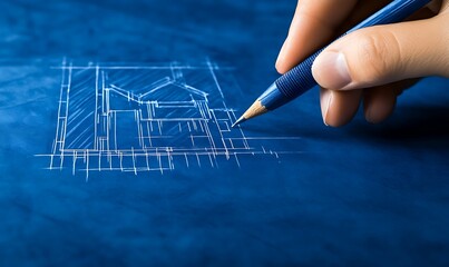 Fototapete - A hand holds a pen, sketching architectural plans on a blue background, showcasing creativity and precision in design.