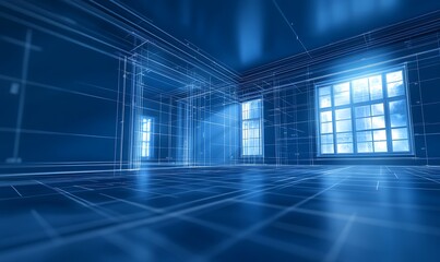 Leinwandbilder - A futuristic room illuminated by blue light with a digital, grid-like floor and abstract patterns, creating a tech-inspired atmosphere.