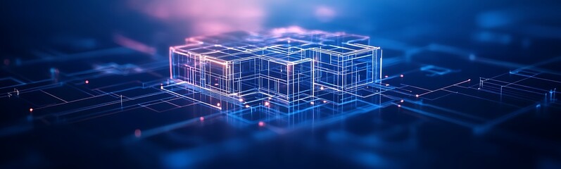 Aufkleber - A futuristic digital landscape featuring glowing cubes and interconnected lines, representing advanced technology and data networks.