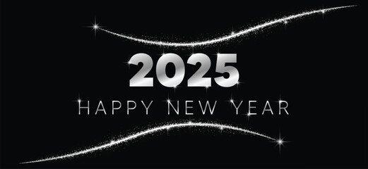 2025 happy new year silver sparkle on black background
