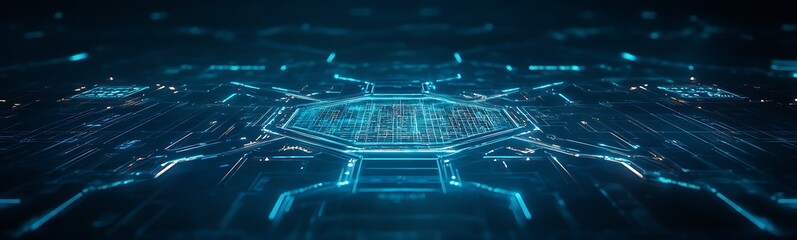 Aufkleber - A futuristic, digital landscape featuring a network of glowing blue lines and dots, representing advanced technology and data connectivity.