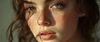 © Ai Studio - A close-up portrait reveals a woman's face with freckles and captivating green eyes, illuminated by warm, natural light.